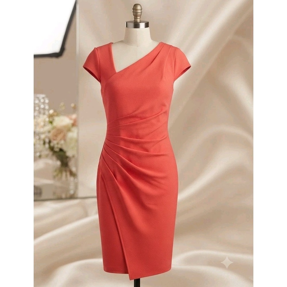 NY&C New York & Company S Coral Red Draped Ruched Office Casual Dress NWT
